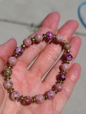 Handmade Pink Imperial Turquoise Beaded Stretch Bracelet with Gold Accents
